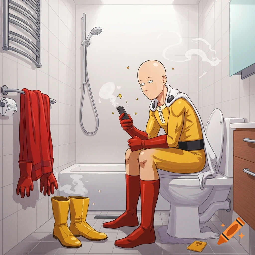 Anime style Saitama in his hero suit sits on a toilet, scrolling on his phone in a tiled bathroom.