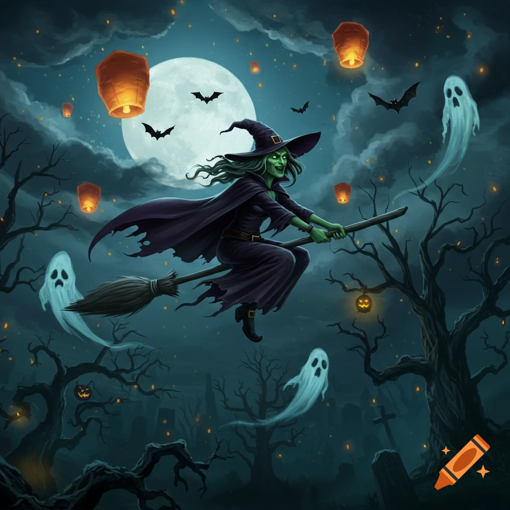 A green-faced witch flies on a broomstick across a full moon, surrounded by ghosts, bats, and glowing lanterns in a dark, spooky Halloween night.