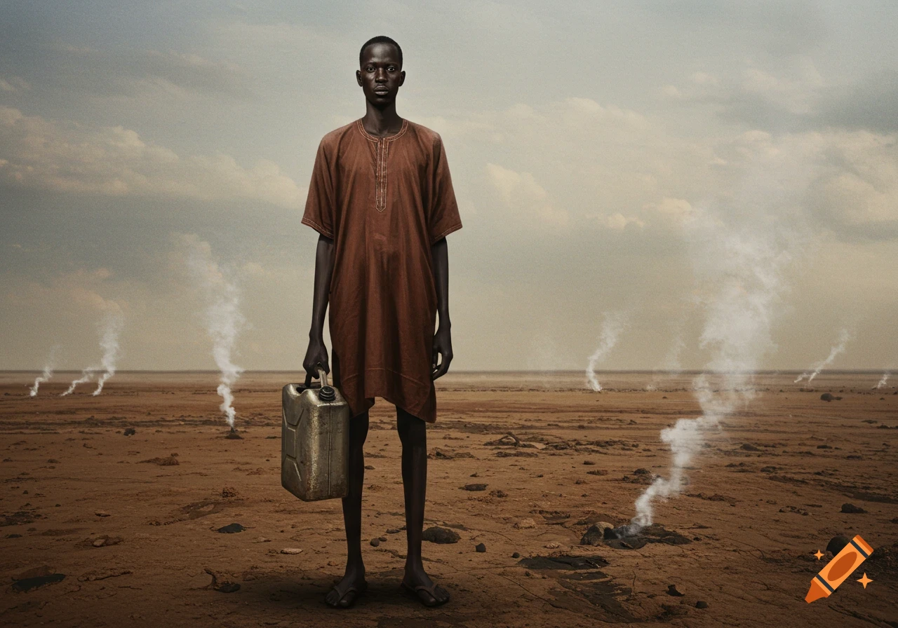 A dark-skinned man in a brown tunic holds a jerrycan in a desolate, smoking, ash-covered landscape under a cloudy sky.