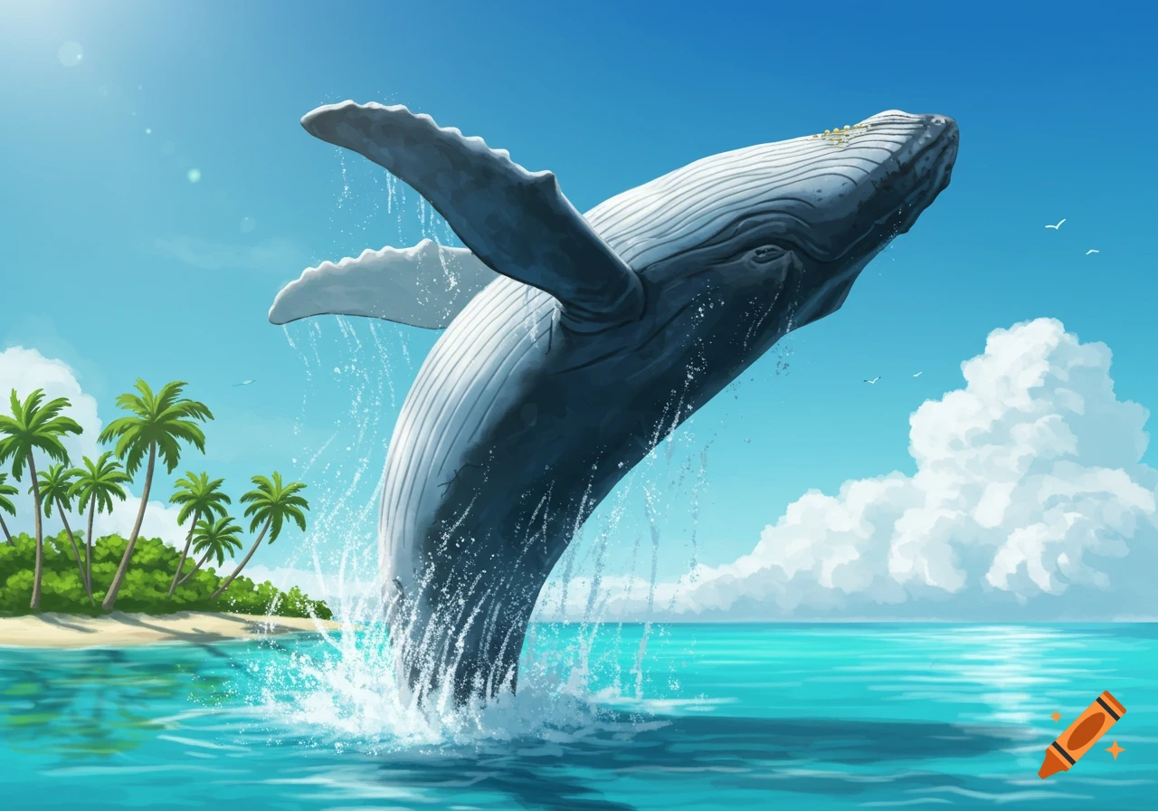 A large whale breaches from turquoise water near a sandy tropical beach with palm trees, under a clear blue sky.