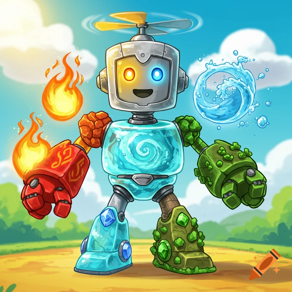 A cartoon robot made of fire, water, earth, and air, with a propeller on its head, standing in a field.