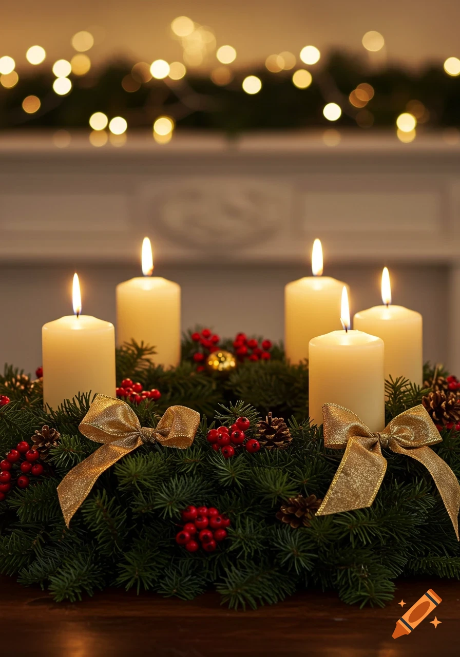 A festive Advent wreath with four lit white candles, green pine, red berries, pinecones, and golden bows, against a blurred background with warm lights.