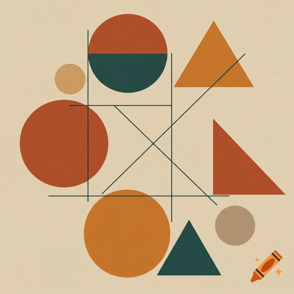 Abstract Bauhaus-style print with geometric shapes in earthy red, orange, teal, and beige tones on a textured light background.