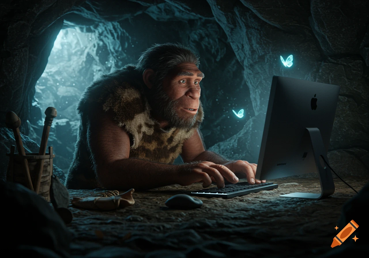 A photorealistic Neanderthal types intently on a modern computer keyboard in a dark cave, illuminated by the screen and two blue glowing butterflies.