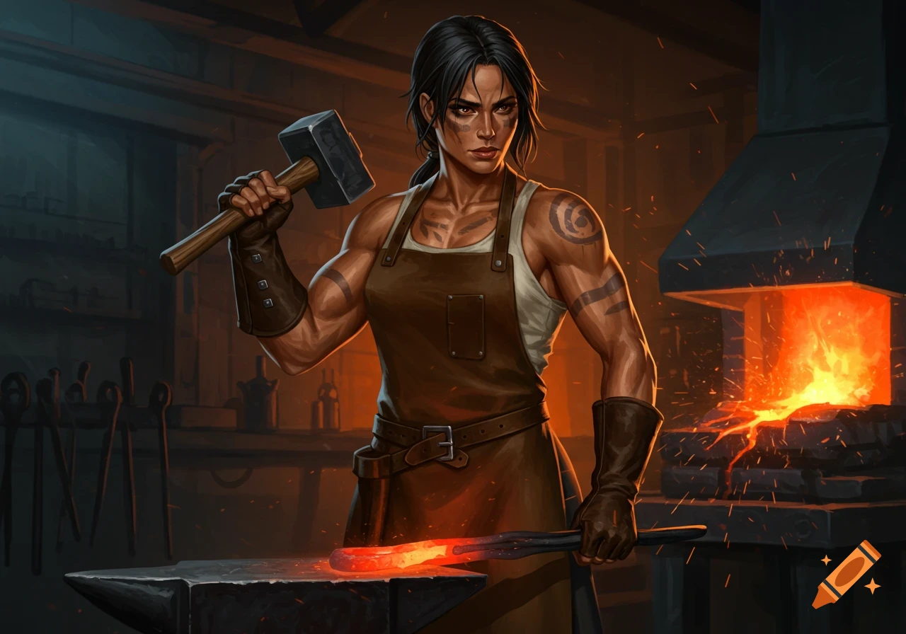A muscular female blacksmith in an apron holds a hammer over a glowing hot metal bar on an anvil, with a fiery forge in the background, in a digital illustration.