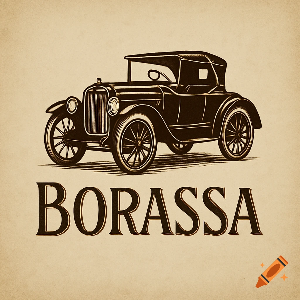 Vintage car illustration with the word BORASSA below it, in a retro sepia tone.