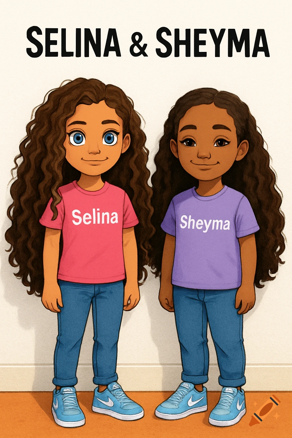 Cartoon of two girls, Selina with blue eyes in a pink shirt and Sheyma with brown eyes in a purple shirt, both with curly hair, jeans, and sneakers, standing under "SELINA & SHEYMA" text.