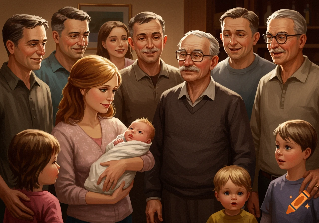 A multi-generational family portrait in a painterly style, with a woman holding a baby surrounded by men, women, and children.