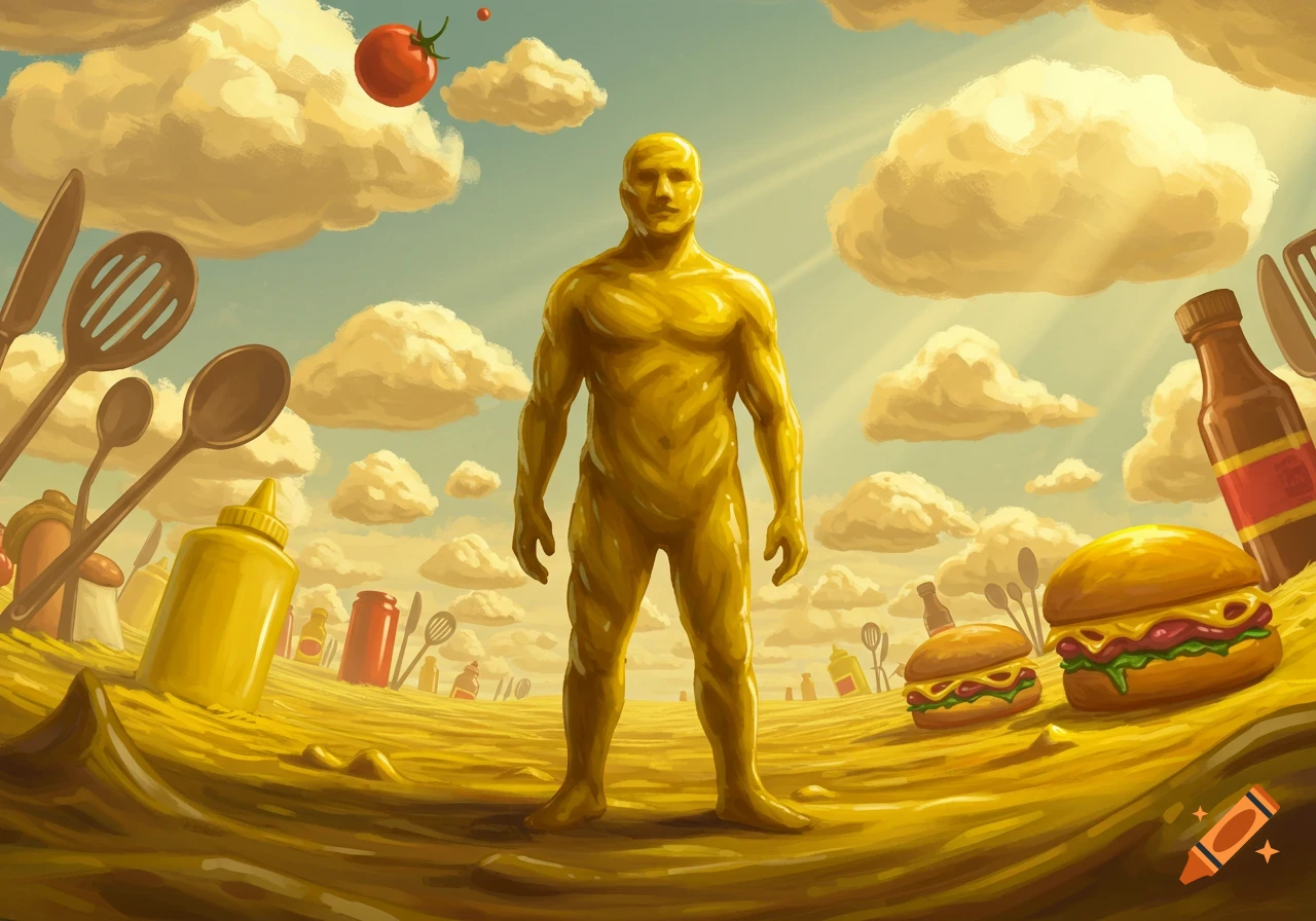 A muscular man made of mustard stands in a landscape of mustard, surrounded by giant burgers, condiments, and cooking utensils under a cloudy sky.