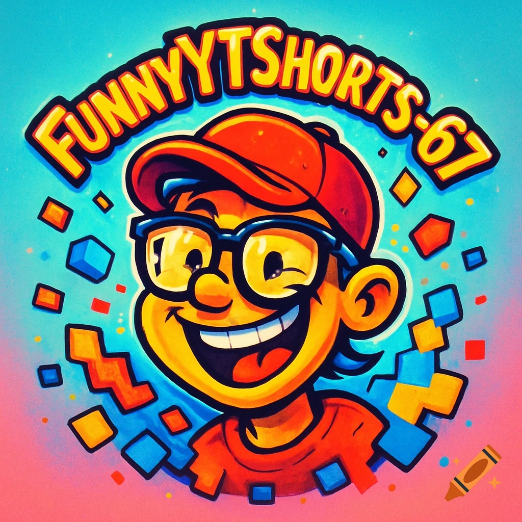 Vibrant cartoon logo of a smiling character in a red cap and glasses, with 'FUNNYYTSHORTS-67' text and colorful abstract shapes.