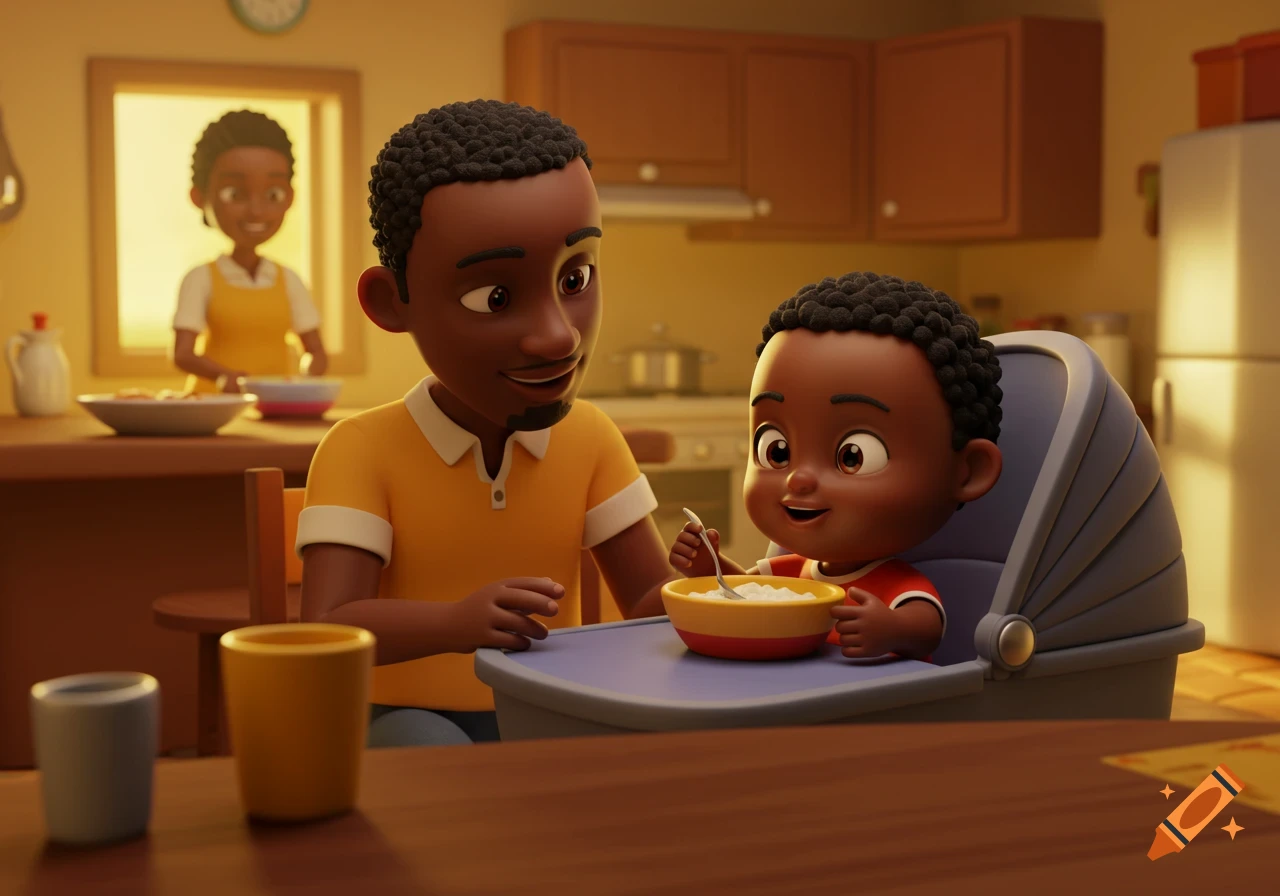 A 3D cartoon of a Black father feeding his baby in a kitchen, with the mother cooking in the background.