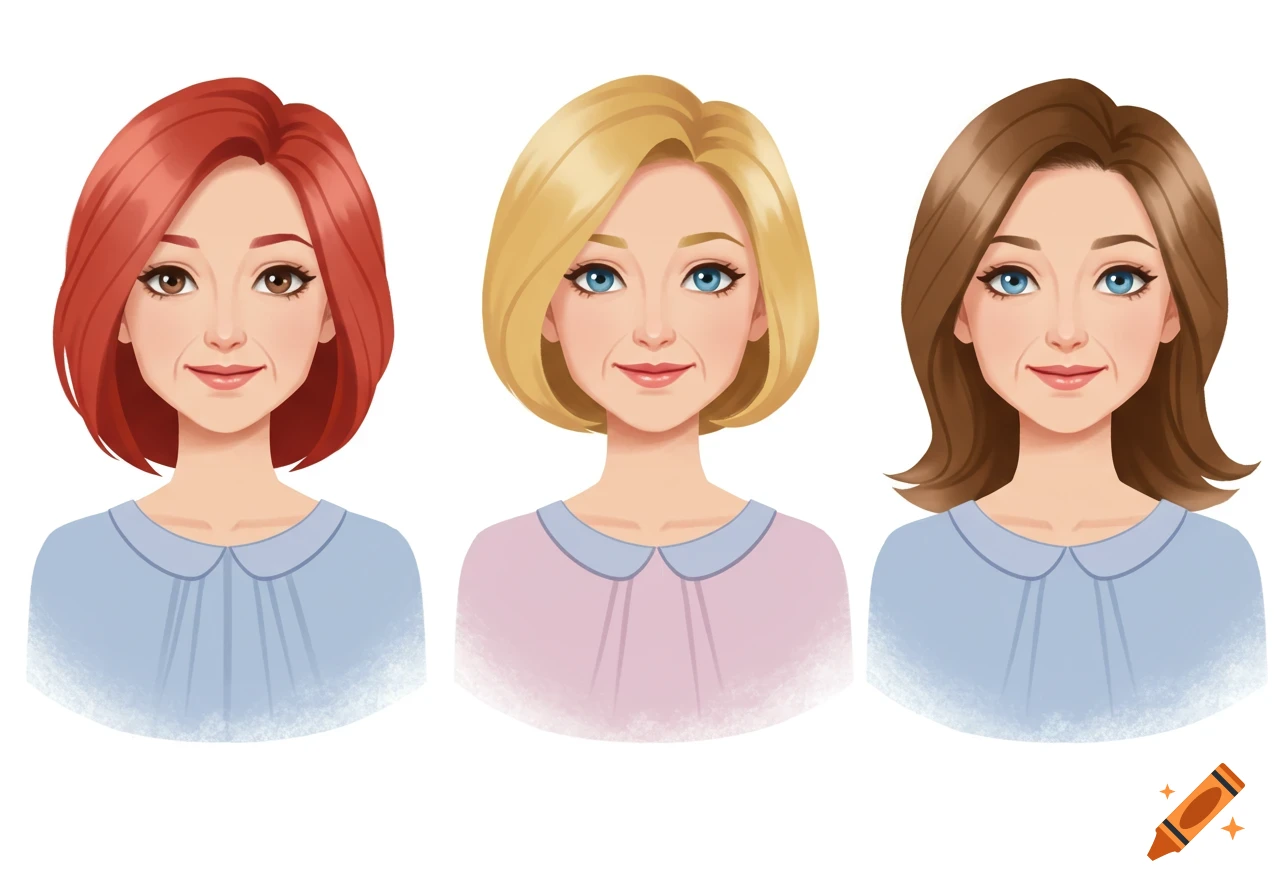 Three cartoon-style women's busts with varying hair colors (red, blonde, brown) and eye colors (brown, blue) wearing collared blouses.