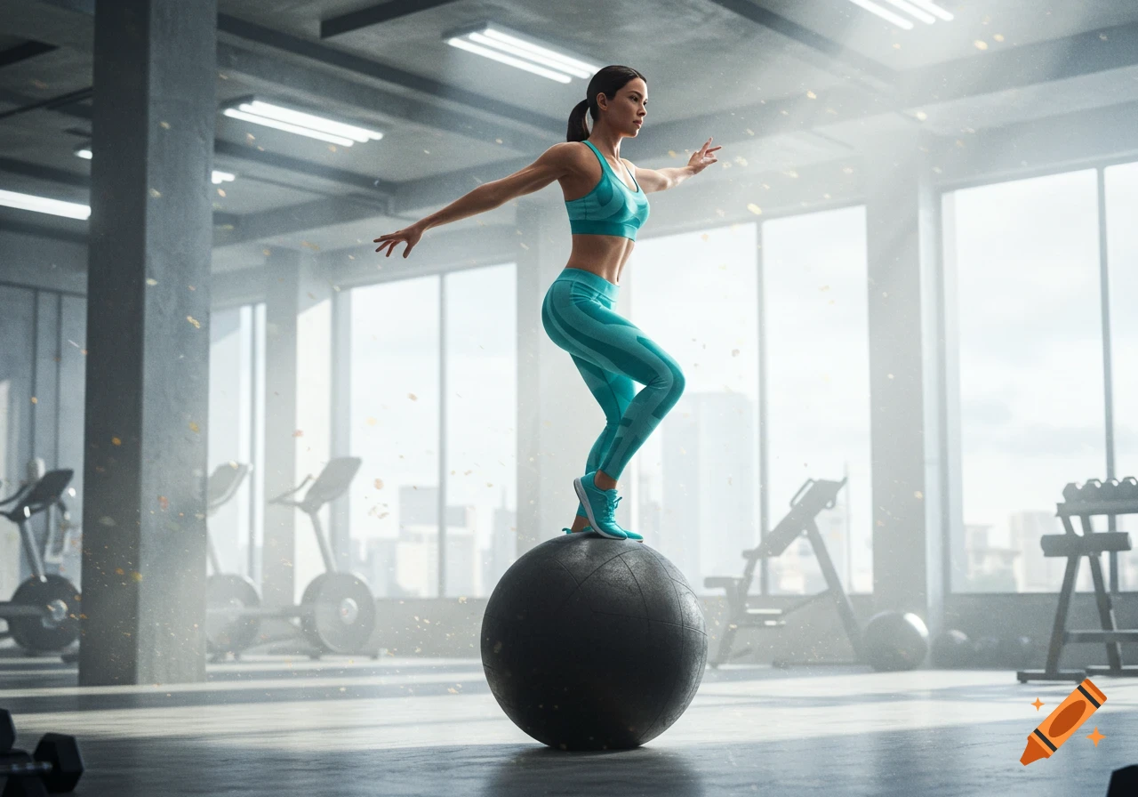 A fit woman in turquoise athletic wear balances on a large black exercise ball in a modern gym with large windows.