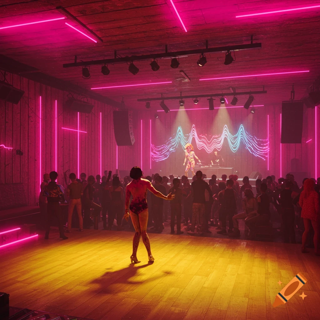 A vibrant club scene with pink neon lights, a yellow wooden floor, a performer on stage, and a crowd dancing.