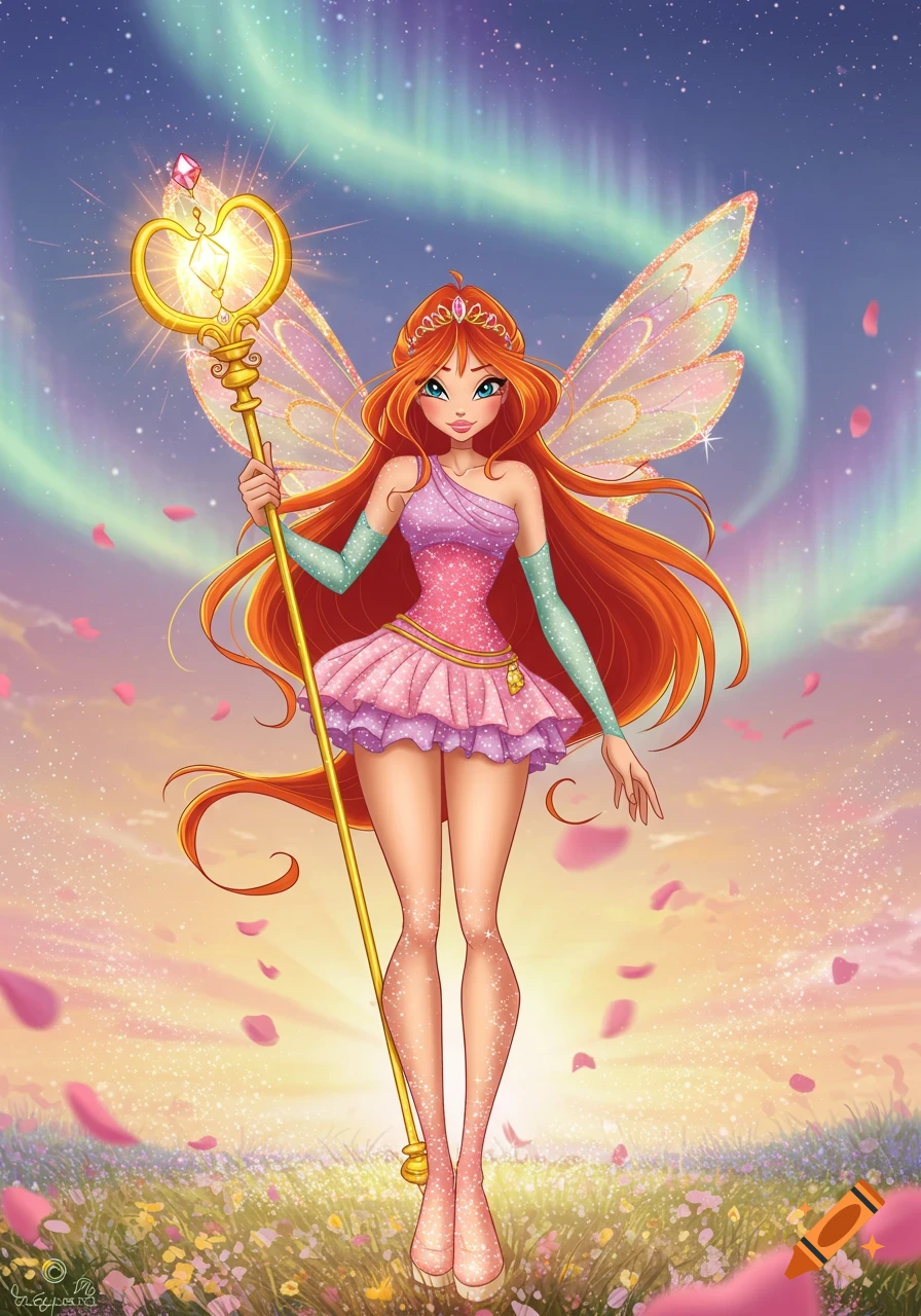 Cartoon fairy Bloom with red hair and pink dress, holding a golden scepter, stands in a magical field with aurora borealis.