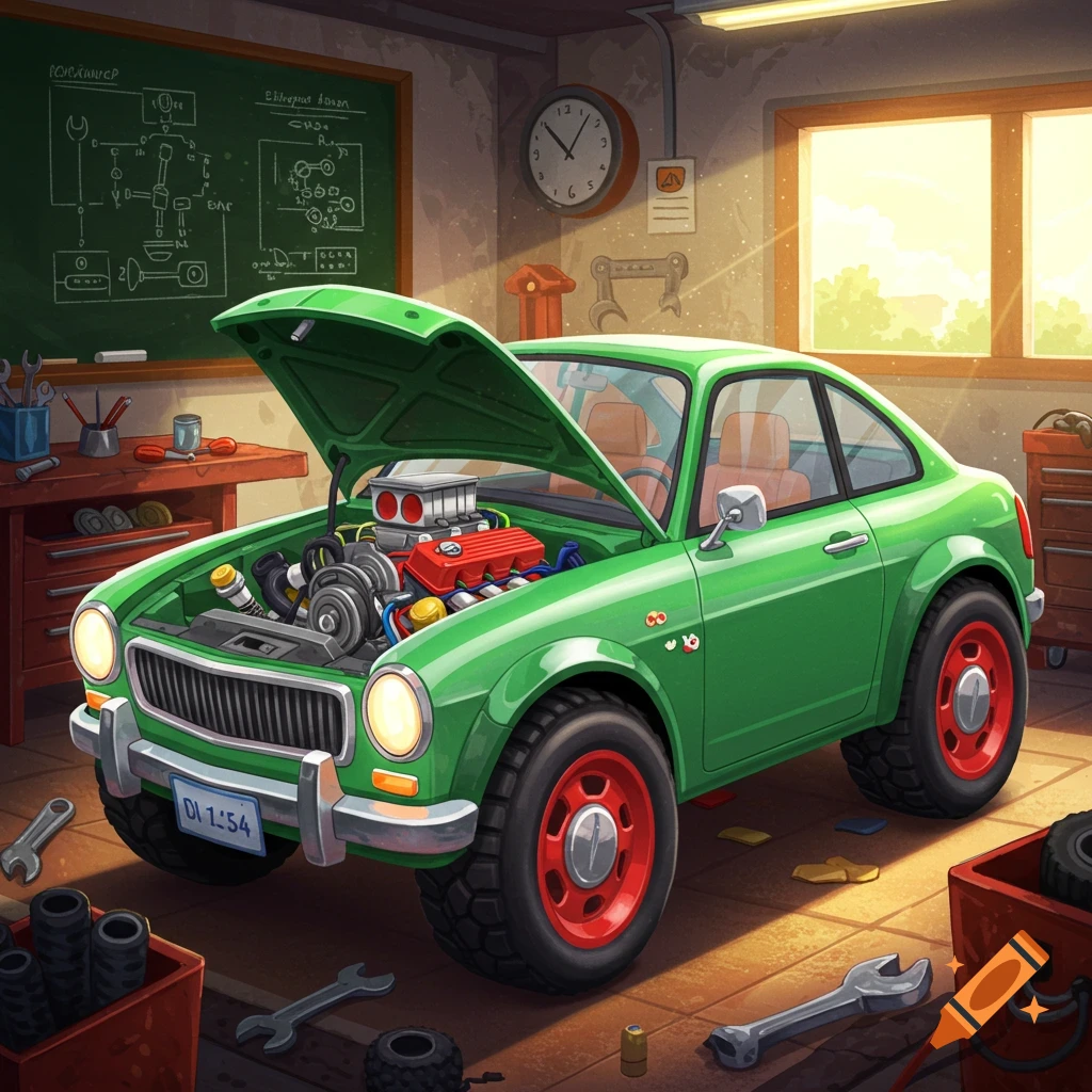 A vibrant cartoon-style green car with its hood open, revealing the engine, parked in a sunlit garage workshop with tools and a blackboard.