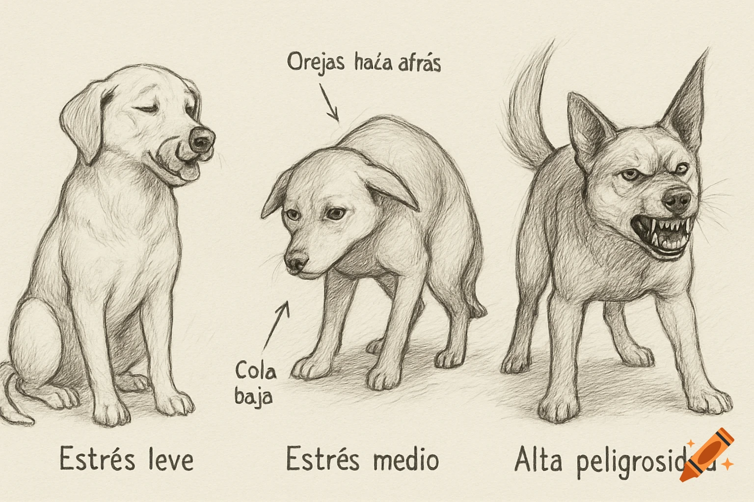 A sketch illustration showing three dogs depicting different stress levels: a relaxed dog for mild stress, a hunched dog with ears back for medium stress, and an aggressive snarling dog for high danger.