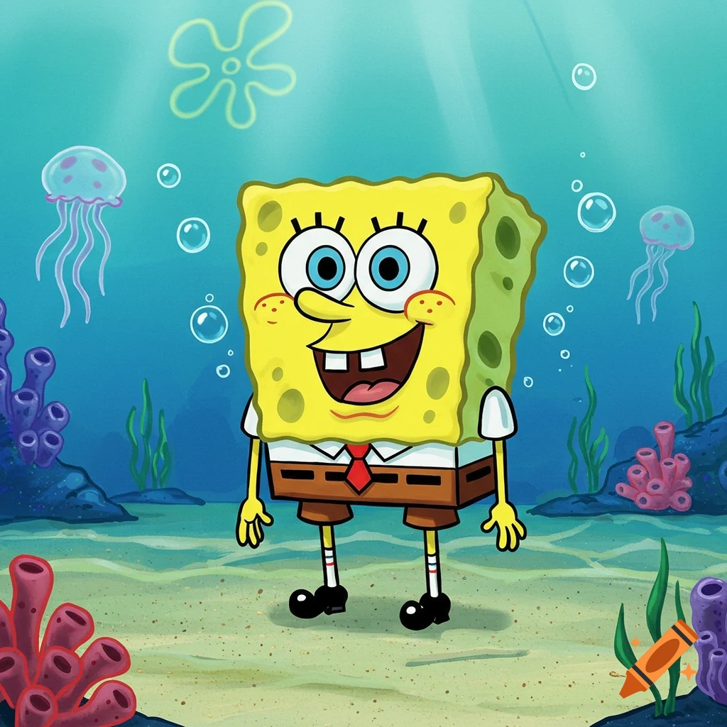 Spongebob Squarepants stands smiling underwater with jellyfish, coral, and bubbles around him in a vibrant cartoon style.
