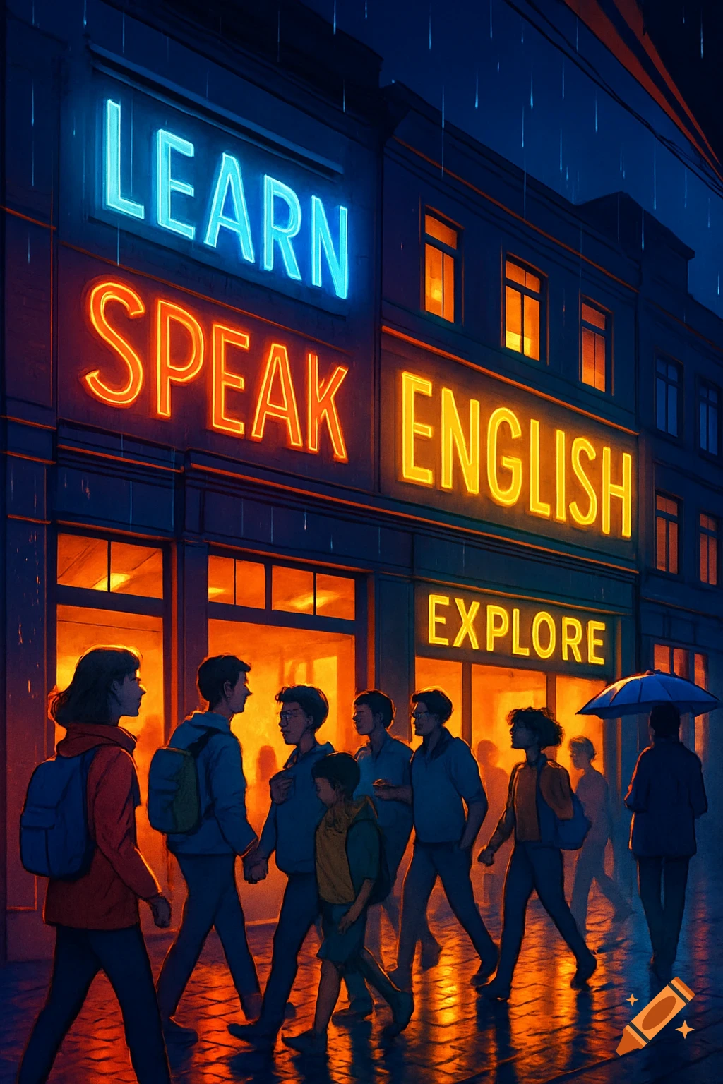 A rainy urban street at night with neon signs for 'LEARN', 'SPEAK', 'ENGLISH', and 'EXPLORE' on buildings. People walk on the wet pavement, reflecting colorful lights.