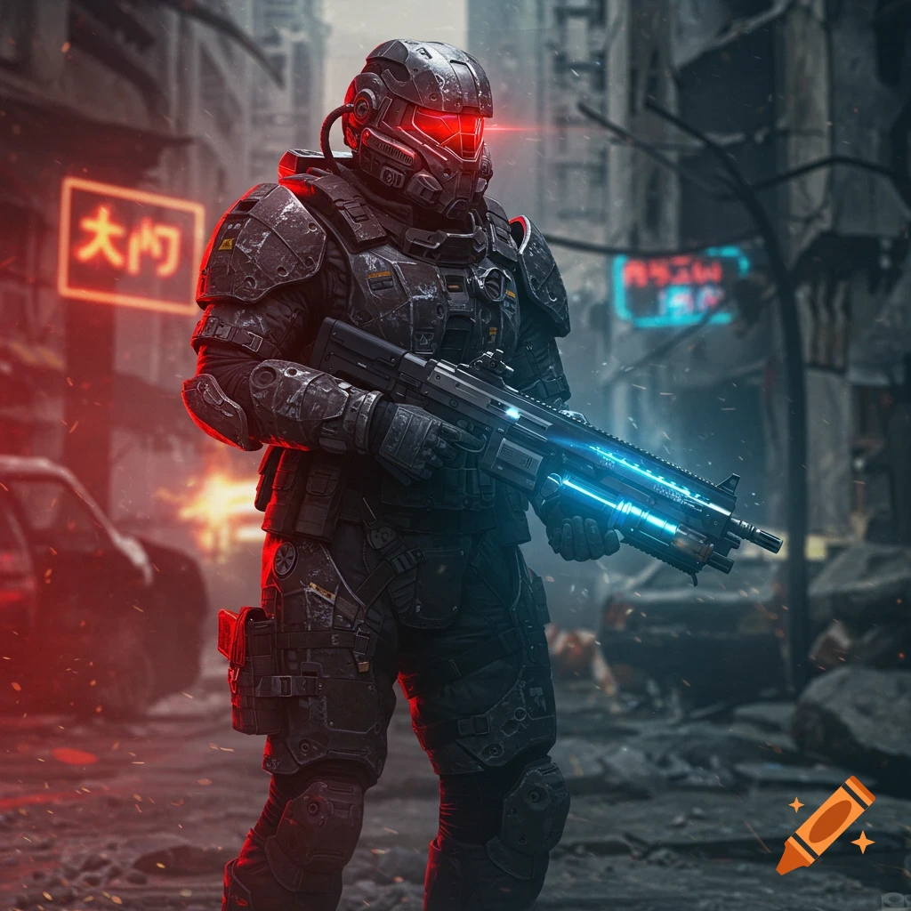 A heavily armored futuristic soldier with a glowing red visor stands in a ruined city street, holding a rifle with blue glowing elements.