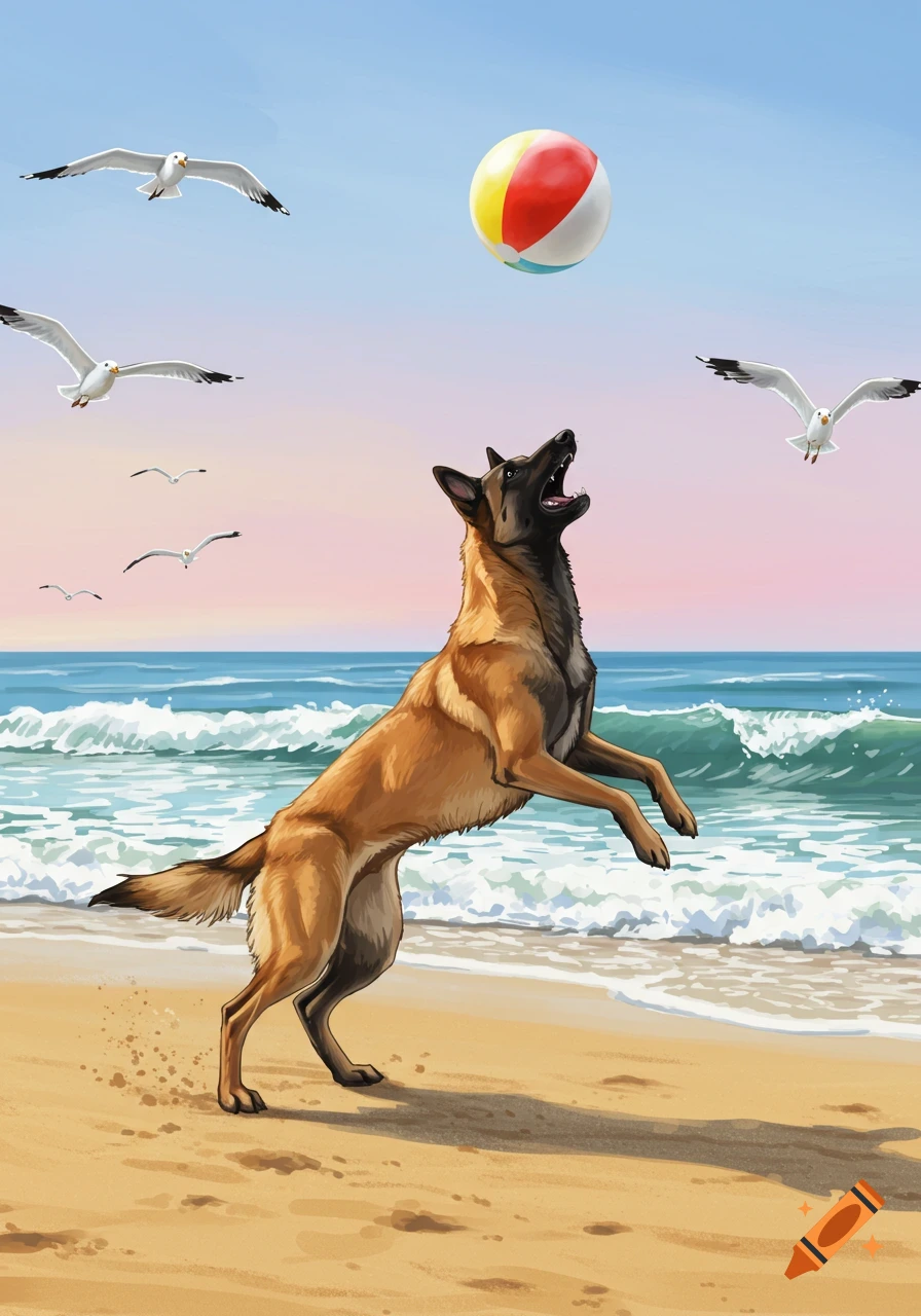 A Malinois dog jumps on a sandy beach, barking at a beach ball, with seagulls flying over ocean waves. Digital painting.