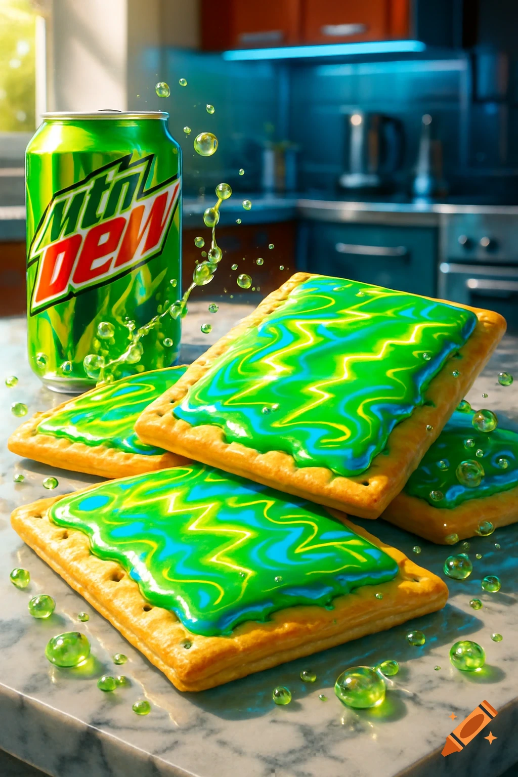 A photorealistic image of a green Mountain Dew can next to several pop tarts with green and blue icing, on a marble counter in a kitchen.