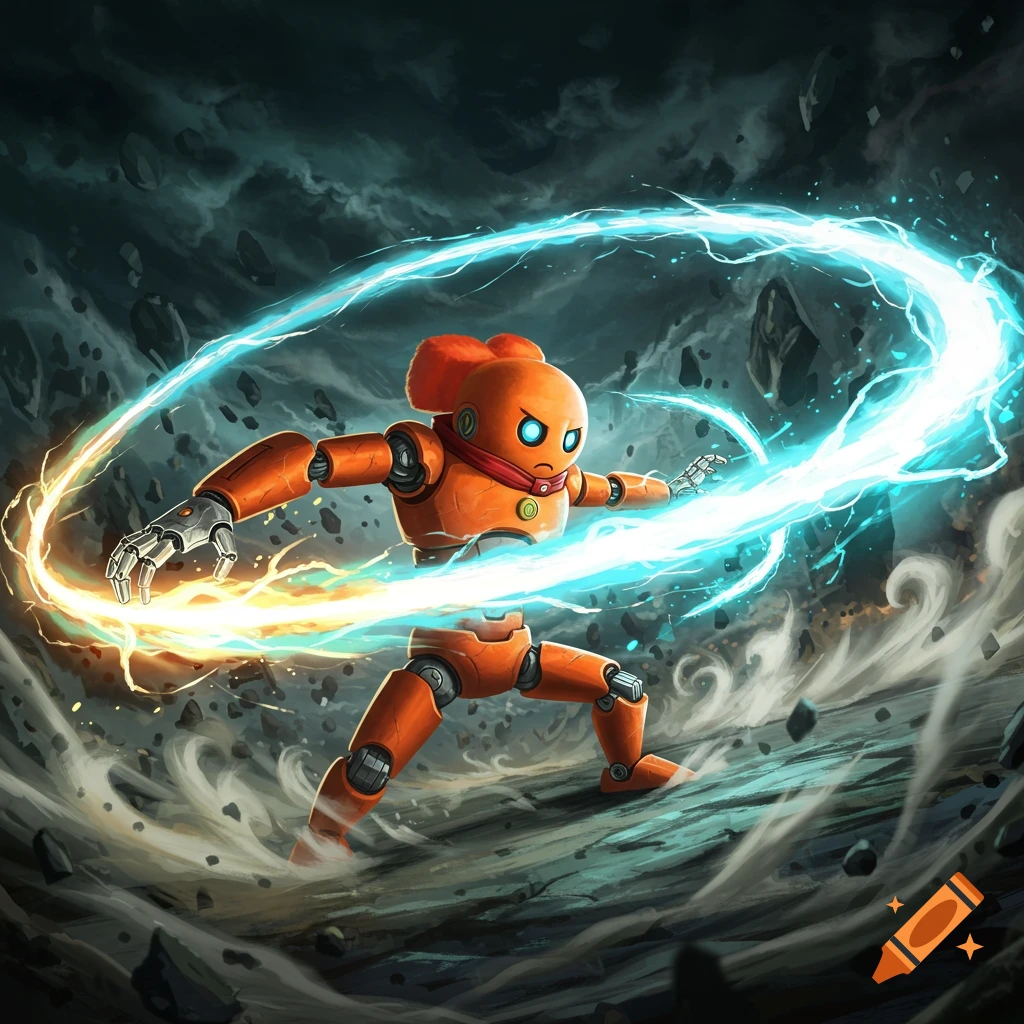 An orange robot, Moby, generates powerful blue and yellow energy in a dynamic action pose amidst a stormy, rocky landscape, anime style.