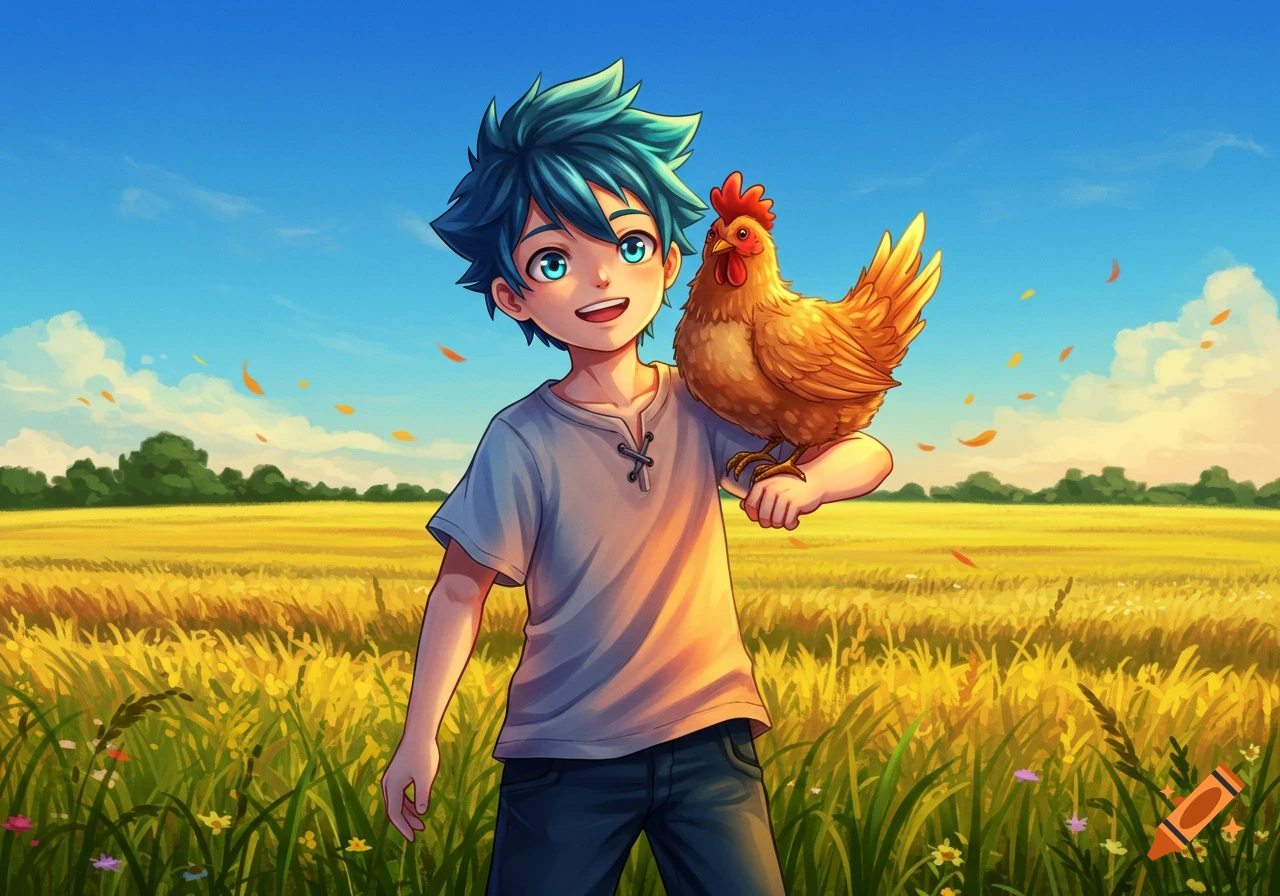 An anime boy with blue hair smiles, holding a chicken on his arm in a sunny golden field with trees in the background.