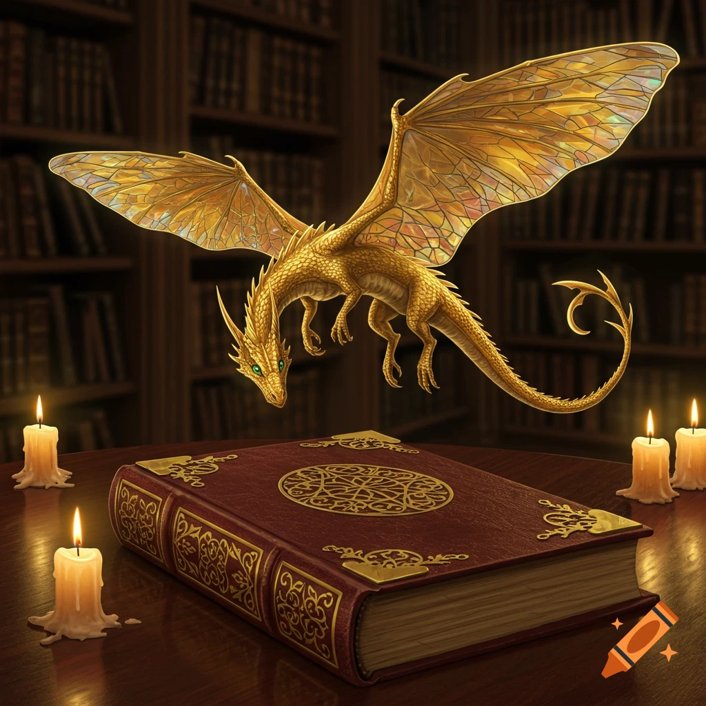 A golden pseudo-dragon with green eyes hovers above a burgundy and gold ancient book, surrounded by lit candles in a dimly lit library.