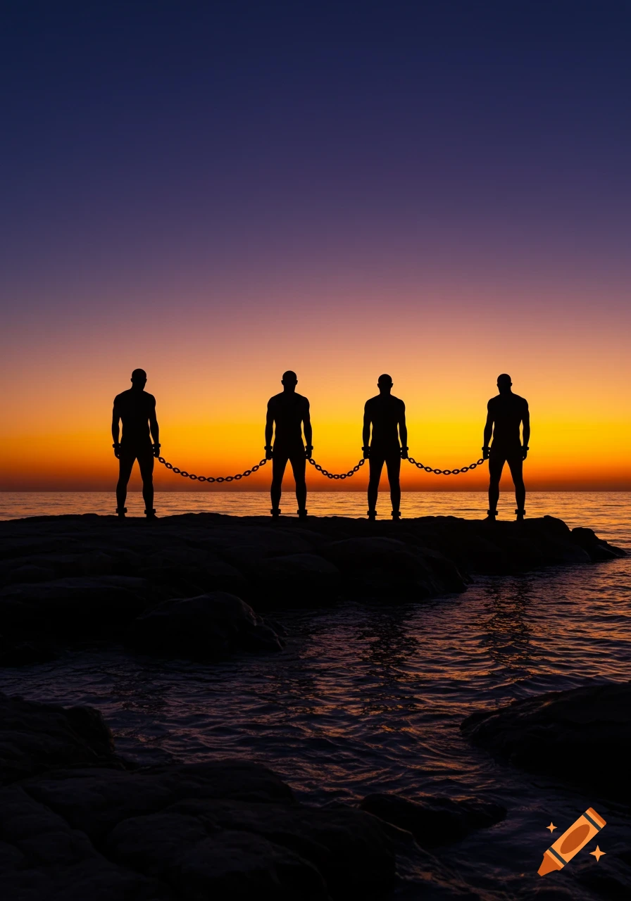 Four male silhouettes chained together at the ankles stand on a rocky shore during a vibrant sunset over the ocean.