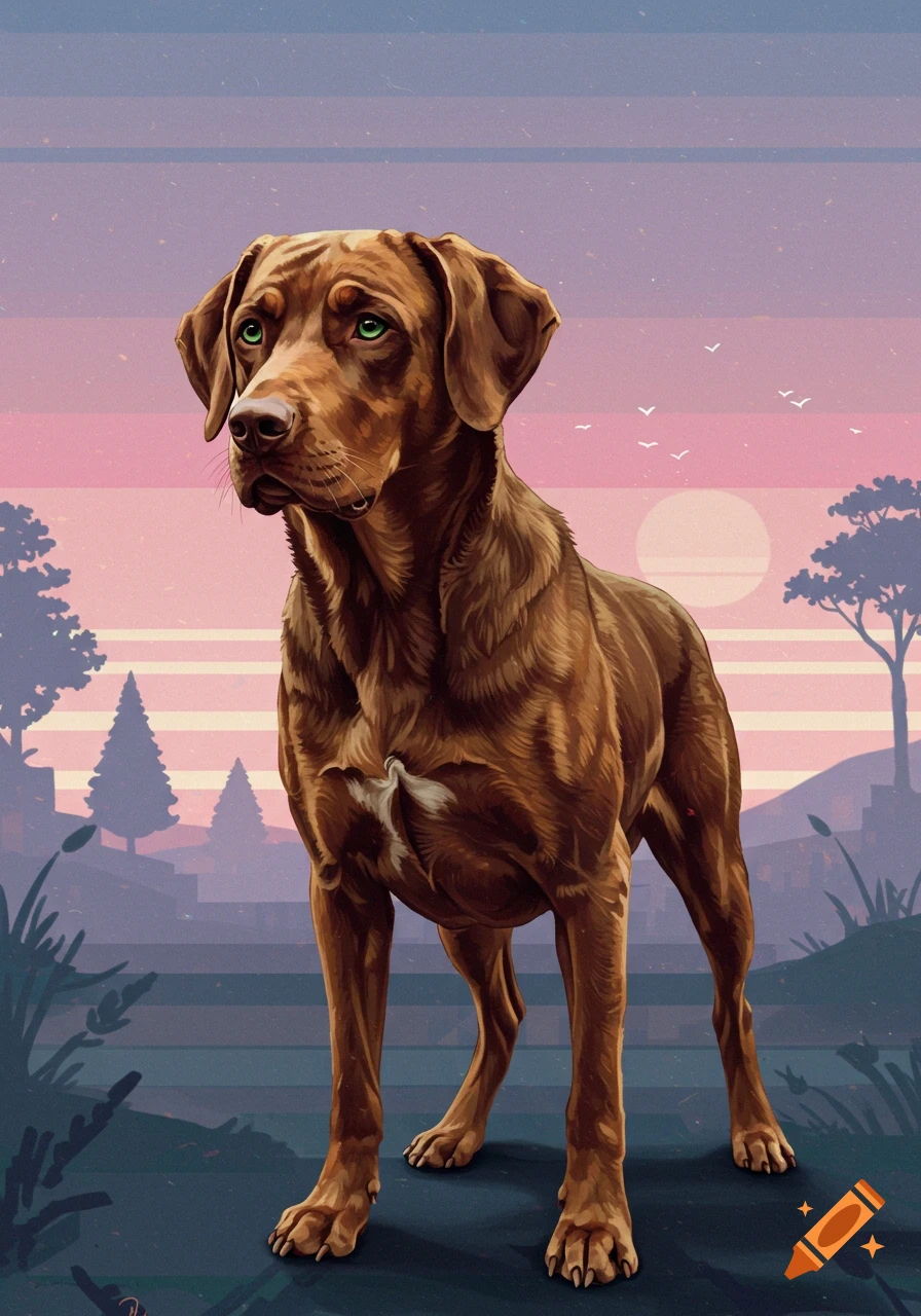 Brown dog with green eyes in a stylized pink and blue sunset landscape illustration.