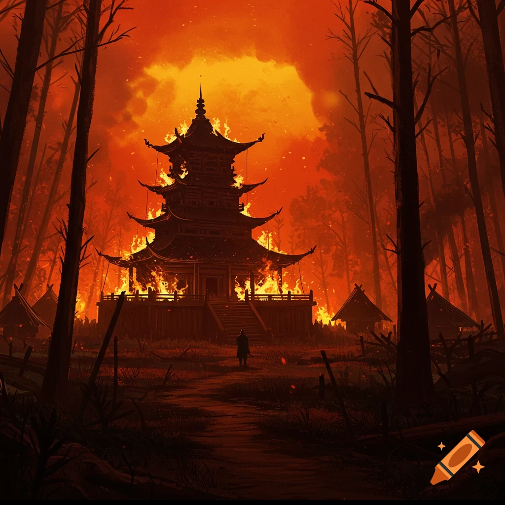 A large, multi-tiered temple and a village burn in a dark forest under a red sky, drawn style.