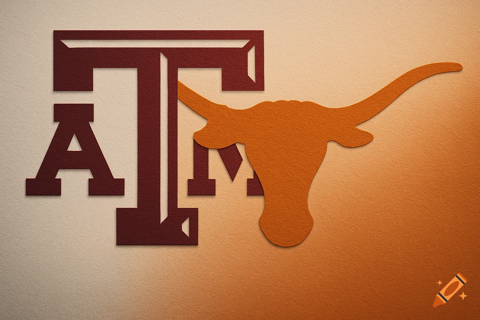 A merged logo features the maroon stylized A, T, and M of Texas A&M overlapping with an orange silhouette of the Texas Longhorn symbol on a textured gradient background.