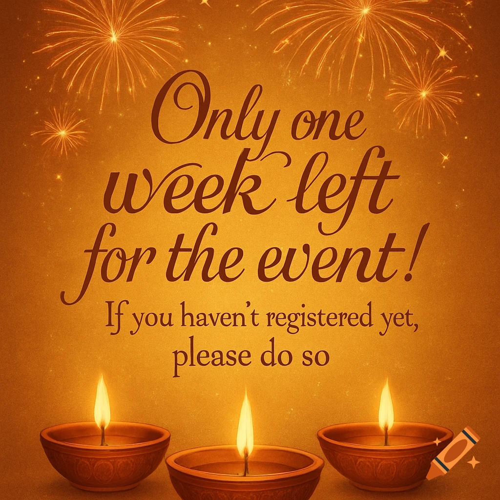 Diwali-themed event poster with fireworks and three lit diyas against a golden background. Text: 'Only one week left for the event! If you haven't registered yet, please do so'