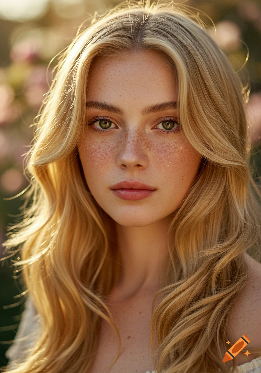 Close-up photorealistic portrait of a young woman with long wavy blonde hair, green eyes, and freckles, bathed in warm sunlight.
