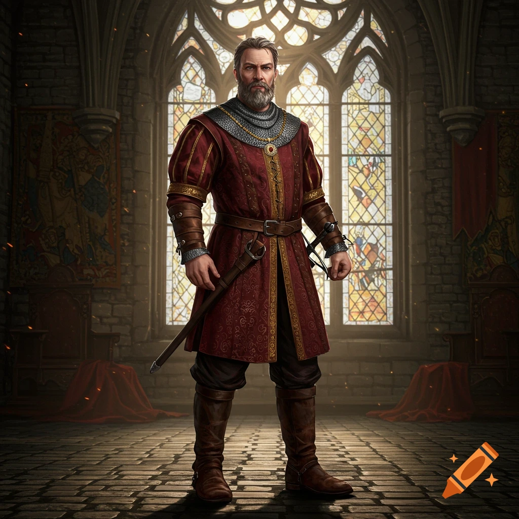 A bearded man in ornate red and gold medieval clothing stands in a stone castle hall with large stained glass windows.