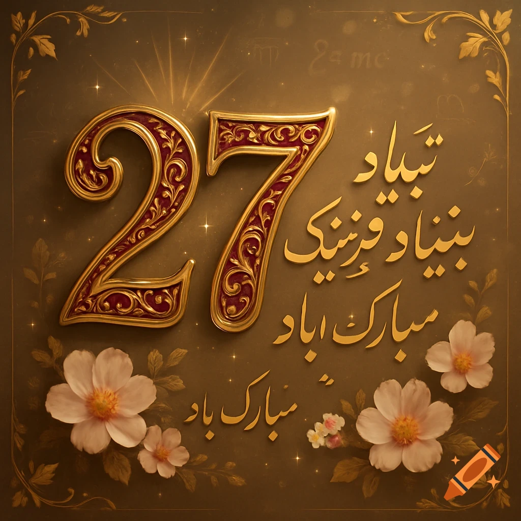 An ornate golden and burgundy number 27 next to decorative golden Arabic/Farsi text, surrounded by light pink flowers and gold foliage on a brown background.