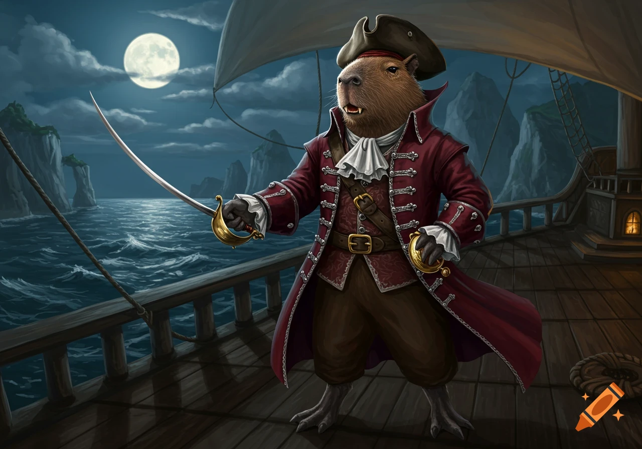 A capybara pirate in a red coat and tricorn hat stands on a ship's deck at night, holding a saber, with a full moon overhead. Digital art.