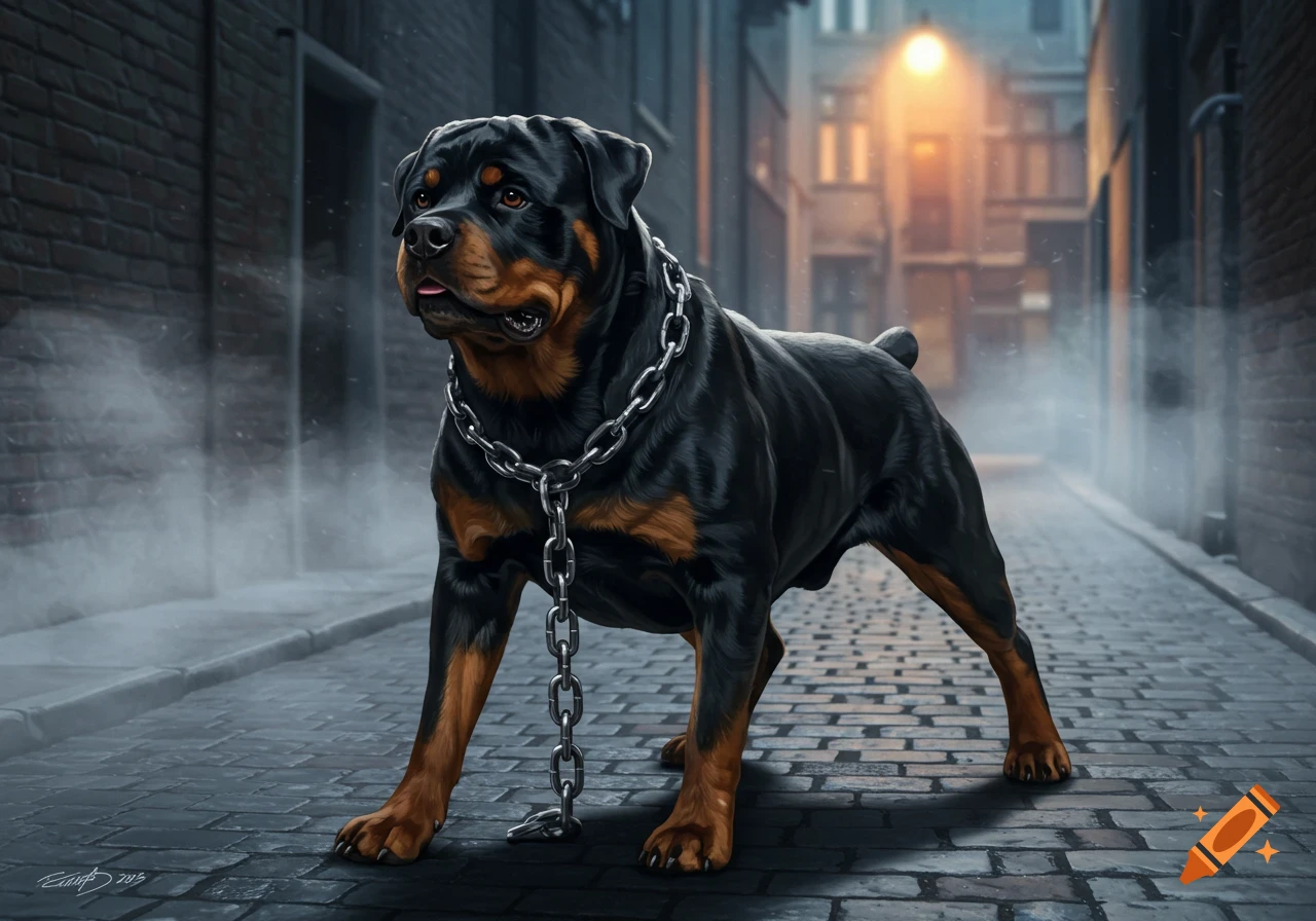 A powerful black and tan Rottweiler wearing a metal chain stands in a dimly lit urban alley with brick buildings and a glowing street light.