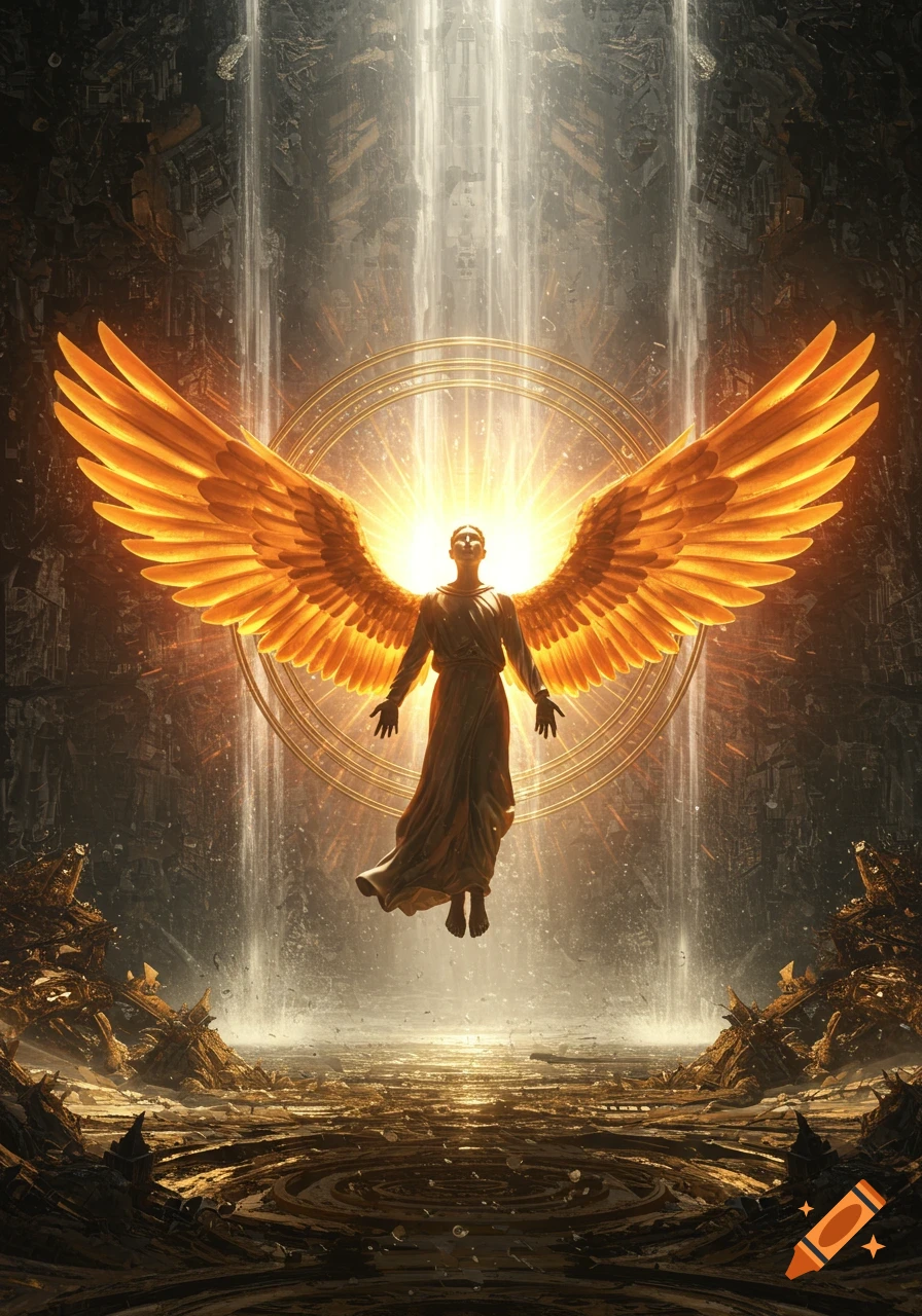 A luminous, robed figure with immense golden wings floats amidst a dark, abstract, ruined landscape, bathed in bright light from above.