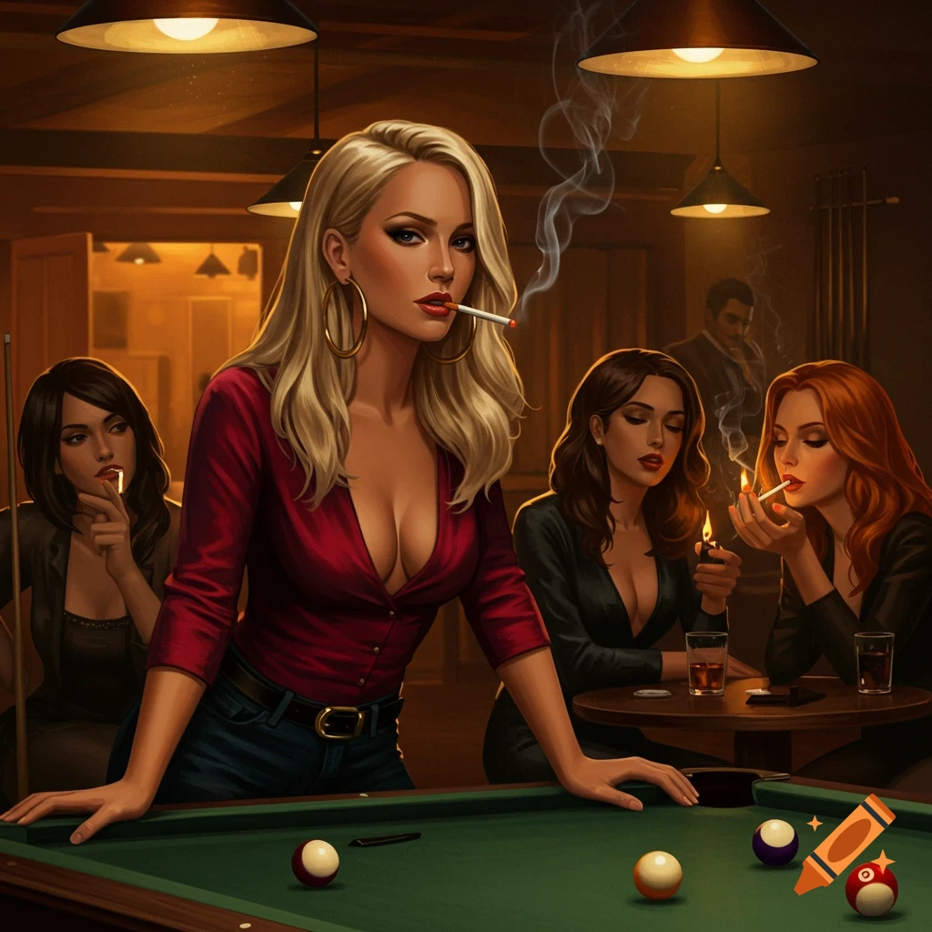 An illustration of a blonde woman in a red top playing pool with a cigarette, surrounded by other women smoking in a dark bar.