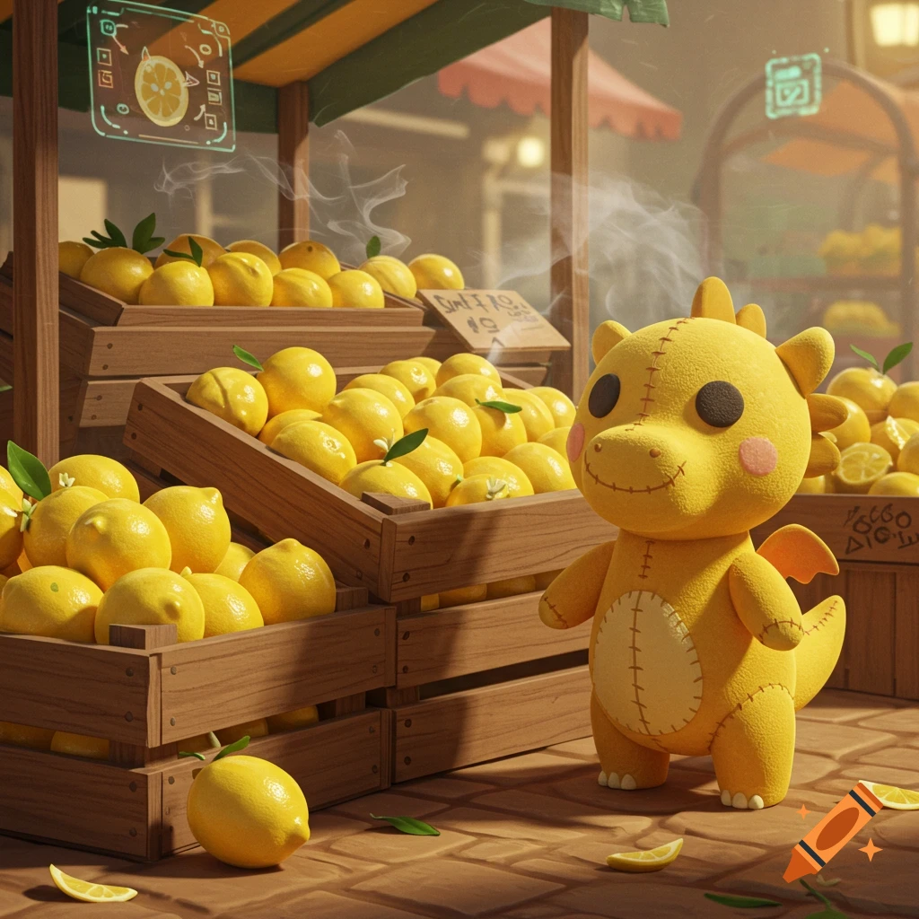 A happy yellow plushie dragon stands beside crates of fresh lemons at a cinematic cartoon market stand.