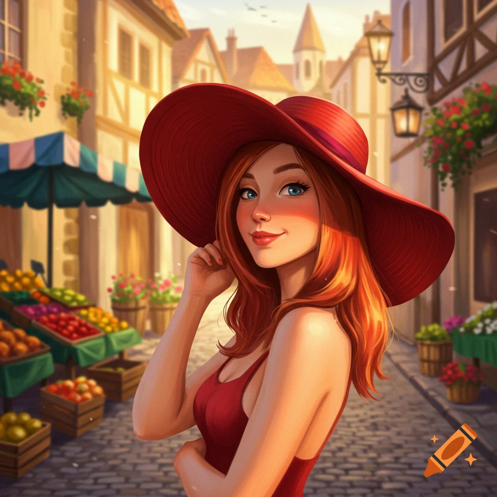 Smiling red-haired woman in a wide red hat and red dress in a sunny illustrated street market.