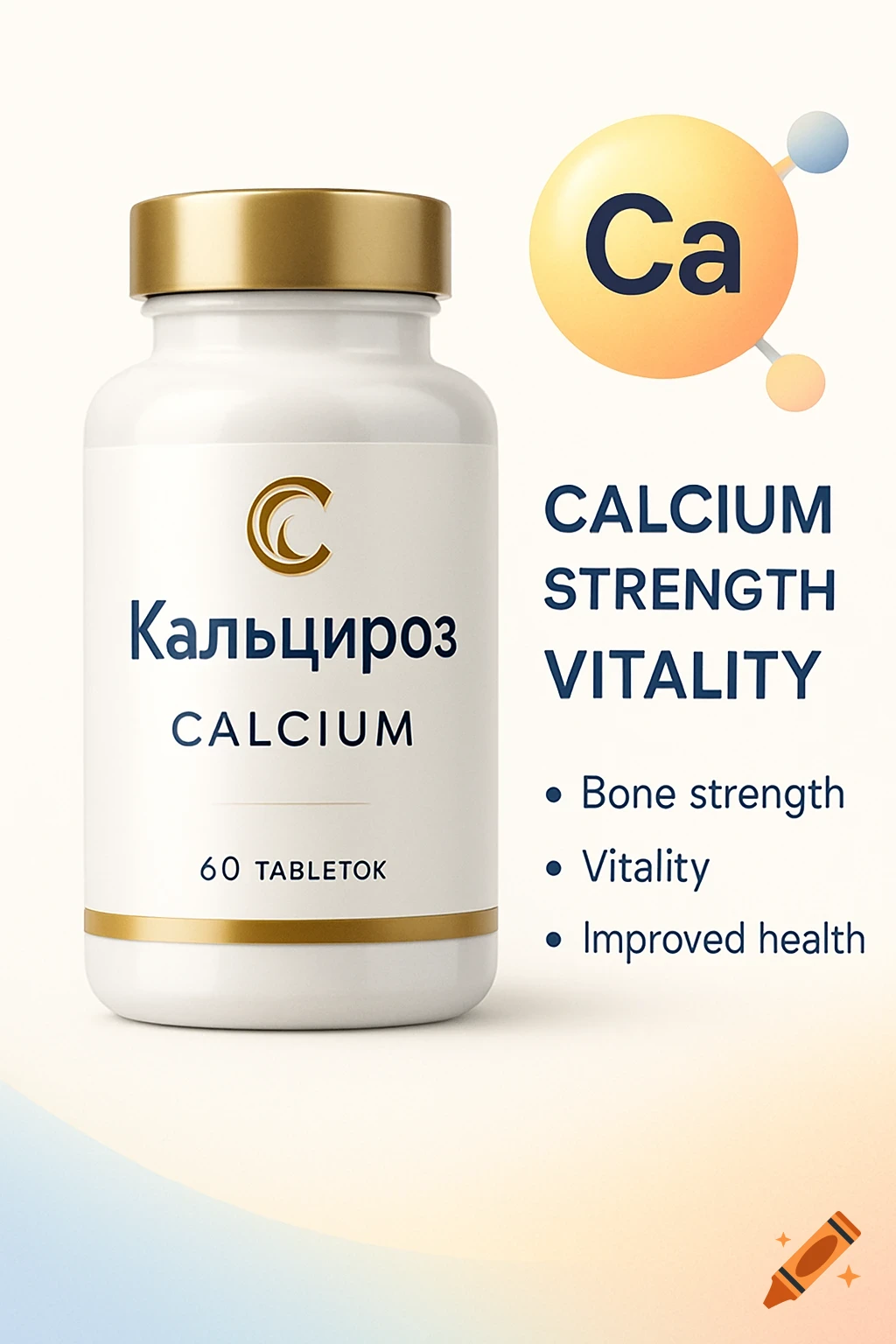 A white and gold bottle of "Кальцироз" (Calcium) supplements, with the chemical symbol "Ca" and text about "Calcium Strength Vitality" on a light background.