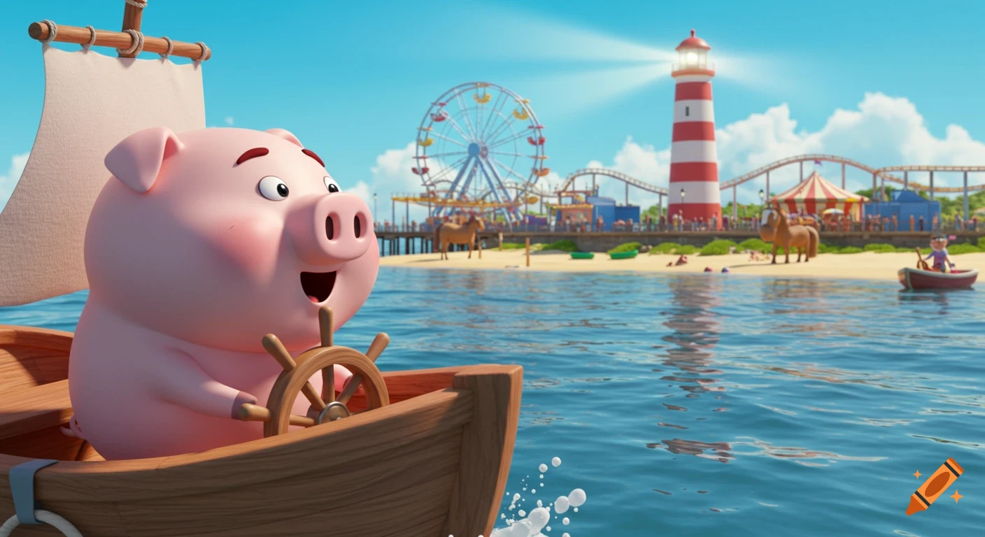 A cute 3D cartoon pig steers a small boat on the ocean, with an amusement park, lighthouse, and Ferris wheel in the background under a blue sky.