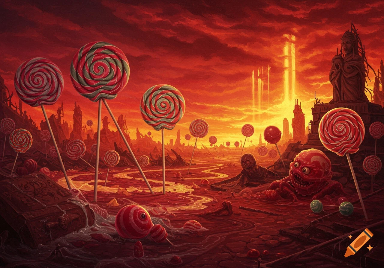 Grotesque lollipop monsters in a hellish red apocalyptic landscape with giant lollipops and a fiery sky, in a renaissance painting style.
