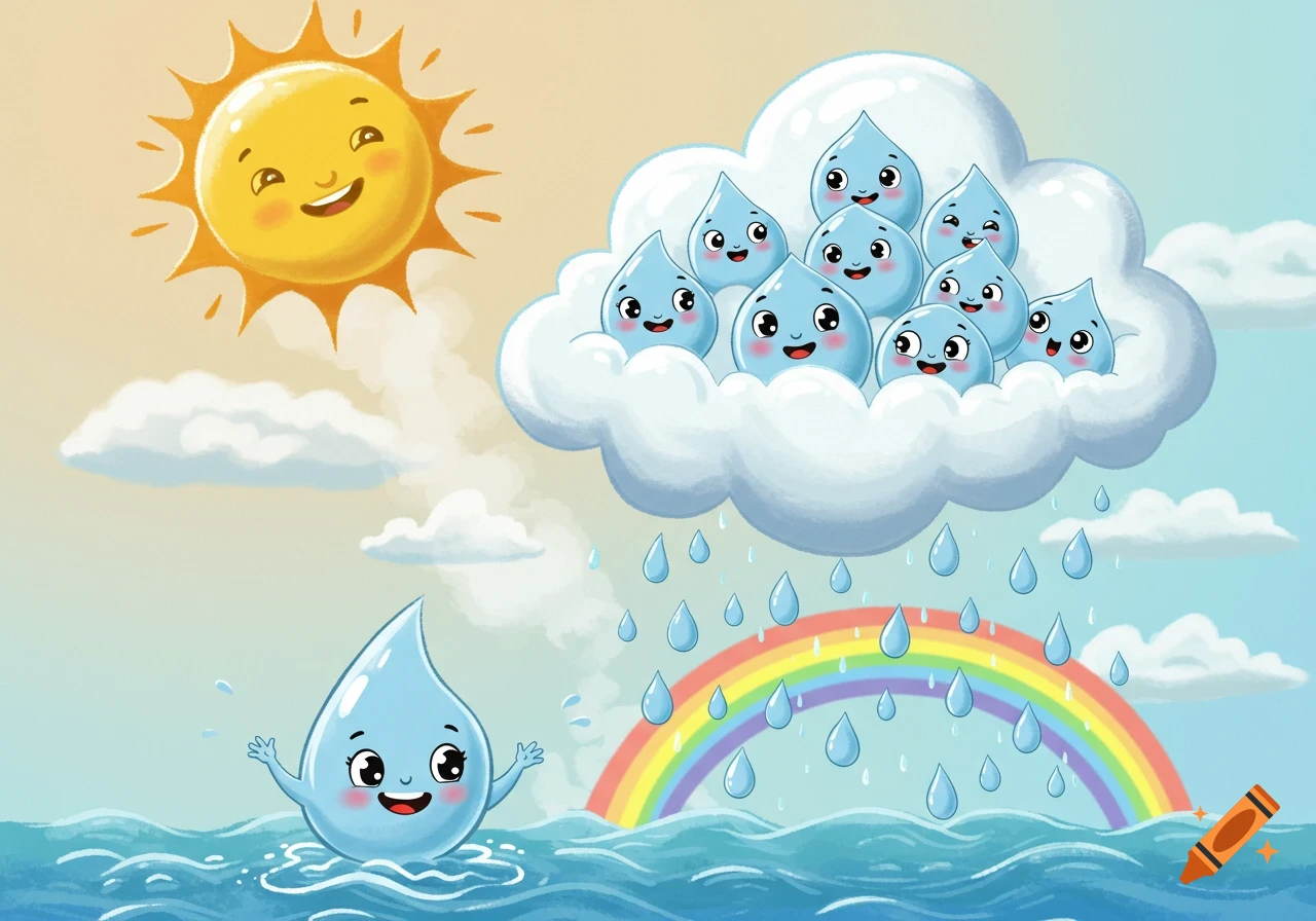 A cute cartoon illustration shows a happy sun, a cloud full of smiling raindrops, a rainbow, and a smiling water drop in wavy ocean water.