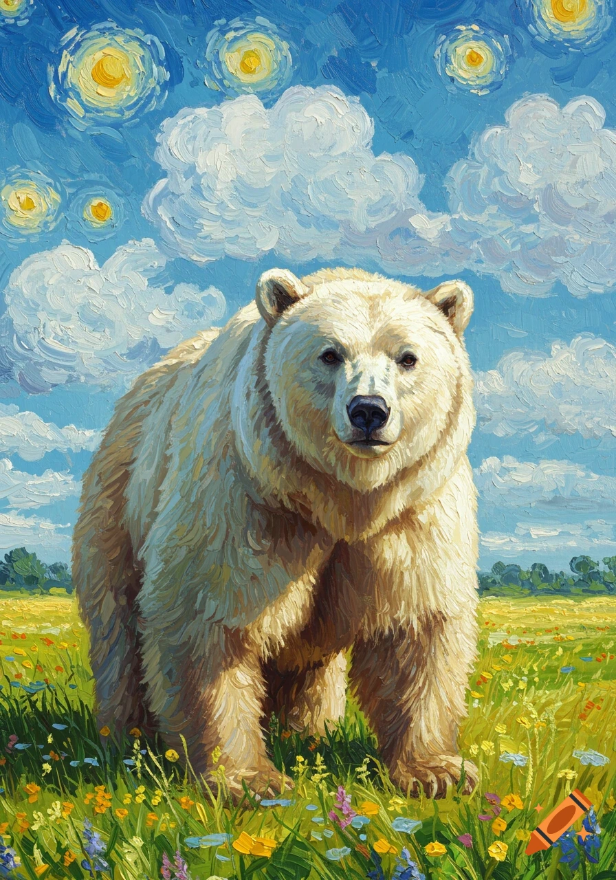 A large white bear stands in an impressionistic wildflower field under a blue sky with swirling yellow stars and white clouds, in a painting style.