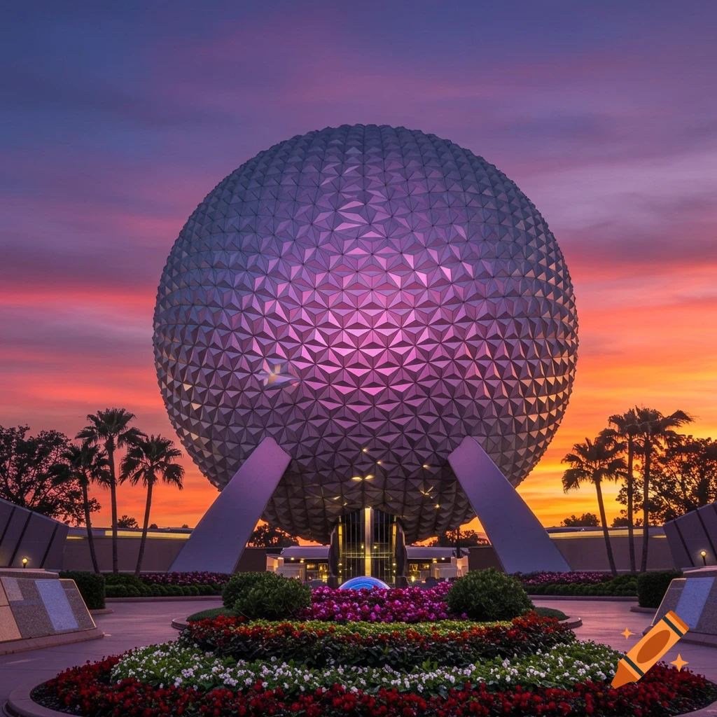 Photorealistic image of Epcot's Spaceship Earth under a vibrant pink, purple, and orange sunset, with palm trees and colorful flower beds.