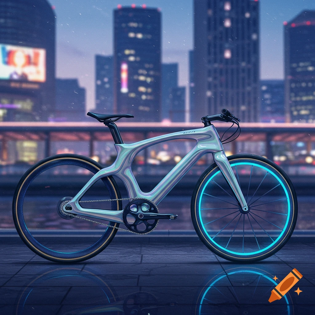 A futuristic bicycle with an iridescent frame and glowing blue front wheel sits on a wet city street at night, with skyscrapers in the background.